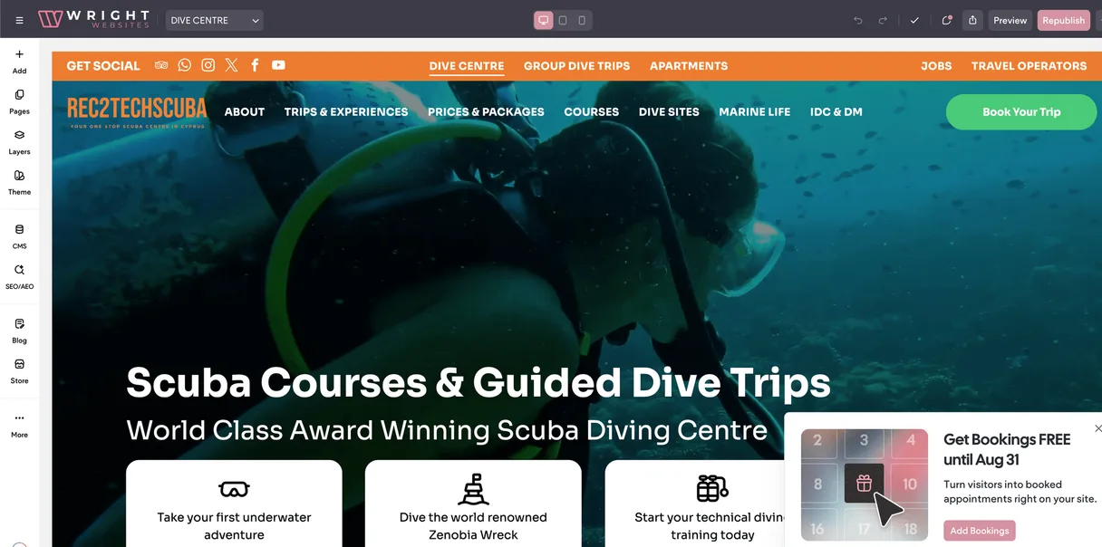 Wright Websites CMS™ editor interface showing a site hero and editing controls