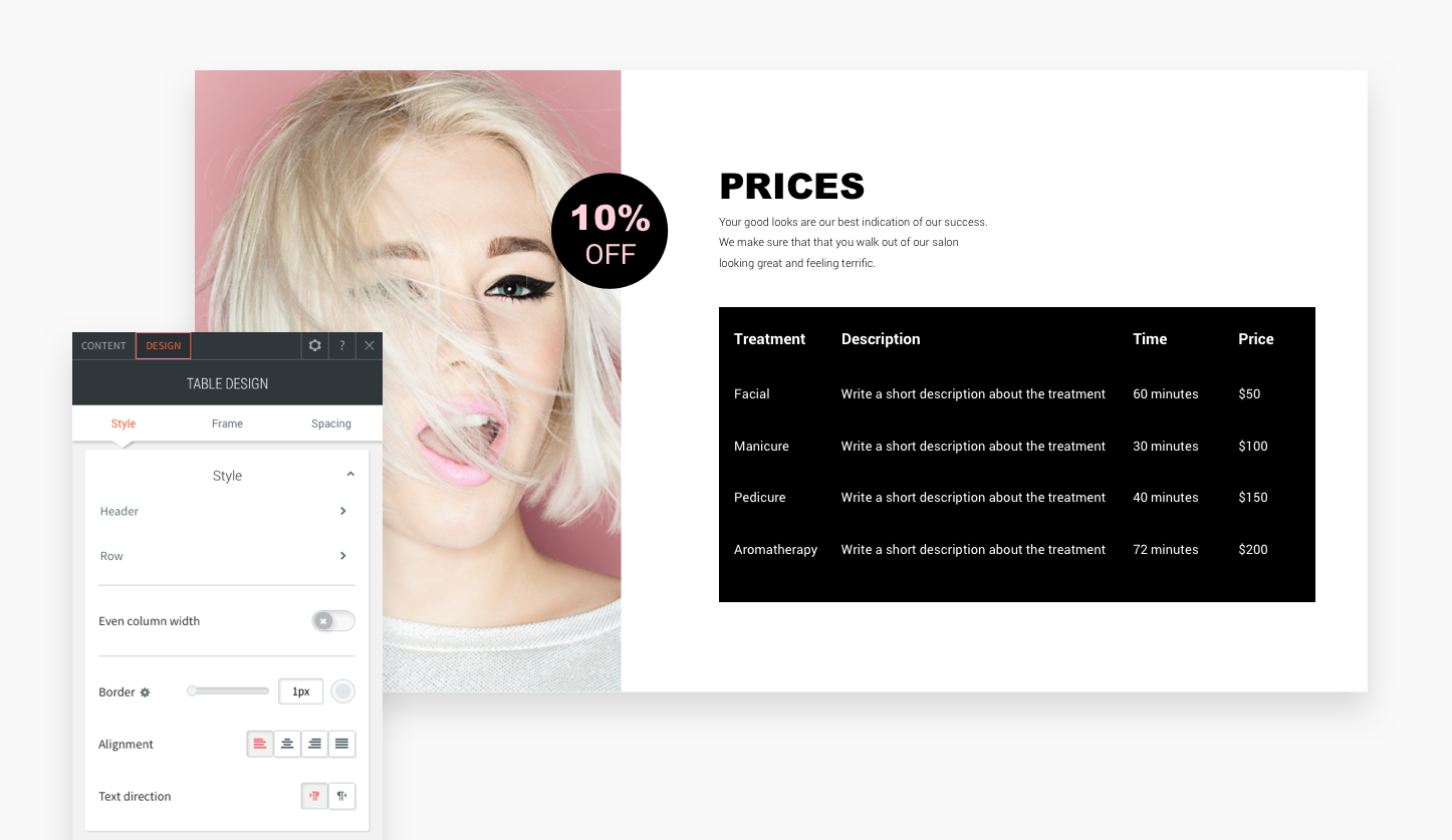 Table widget with data on a live site.