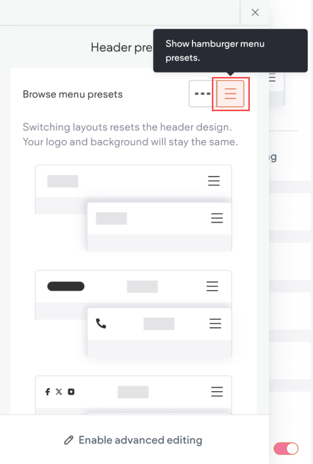 Header presets menu is open with hamburger presets selected